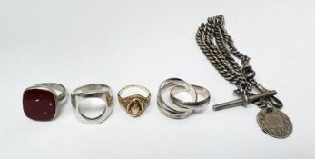 Gold-coloured metal ring, various silver rings and a silver graduated double-albert chain