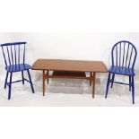 20th century teak coffee table in the manner of G-Plan and two blue painted chairs (3)