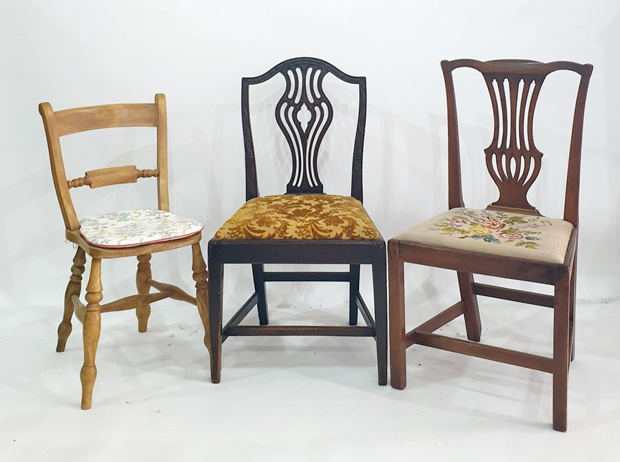 Georgian oak and elm country chair with needlework upholstered seat, Oxford bar back chair and one