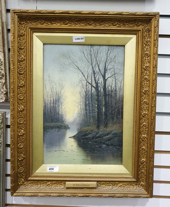 Attributed to N Christianson  Pair oils on canvas  Stream through trees, unsigned (2) - Image 2 of 2