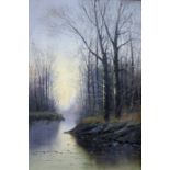 Attributed to N Christianson  Pair oils on canvas  Stream through trees, unsigned (2)