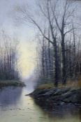 Attributed to N Christianson  Pair oils on canvas  Stream through trees, unsigned (2)