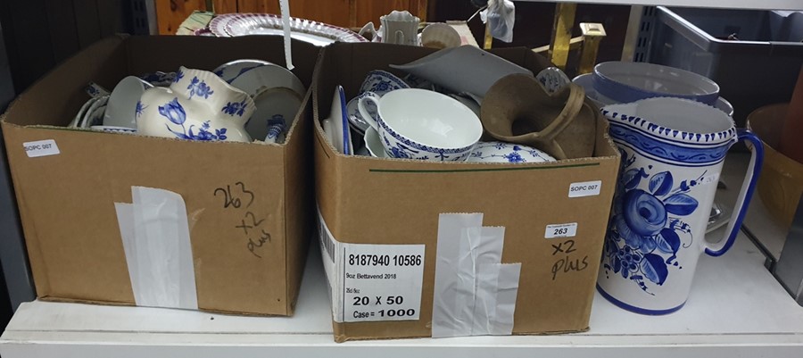 Two boxes and others of mainly blue and white patterned china of various designs
