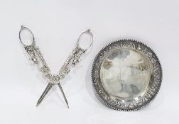 White metal circular dish, marked 'silver', 11.5cm diameter, 3oz approx and an English silver pair