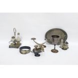 Box of assorted silver plated wares to include cut glass cruet sets, ladles, a pierced oval tray,