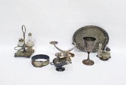 Box of assorted silver plated wares to include cut glass cruet sets, ladles, a pierced oval tray,