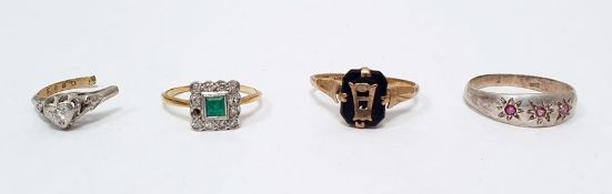 18ct gold, emerald and diamond dress ring, the square emerald surrounded by small diamonds, in