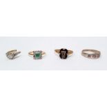18ct gold, emerald and diamond dress ring, the square emerald surrounded by small diamonds, in