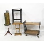 Brass embossed cylindrical umbrella stand, fire irons, nest of two oak tables etc (8)