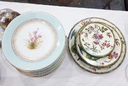 12 Derby dessert plates painted with flowers, within pale celadon borders and a Wedgwood printed and