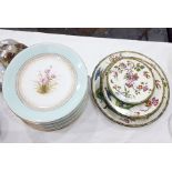 12 Derby dessert plates painted with flowers, within pale celadon borders and a Wedgwood printed and