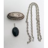 Silver pierced oval link chain, silver and purple banded agate pendant and small Victorian silver
