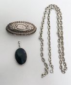 Silver pierced oval link chain, silver and purple banded agate pendant and small Victorian silver