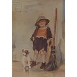 In the manner of Salvatore Maresca Watercolour Study of child leaning against a wall with dog and