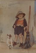 In the manner of Salvatore Maresca Watercolour Study of child leaning against a wall with dog and