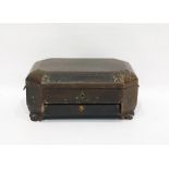 Metal-mounted painted and japanned octagonal section workbox, 19th century, gilt with figures before