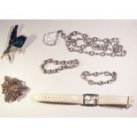 Quantity of costume jewellery to include Monet diamante brooch, gilt metal brown stone set necklace,