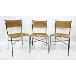 Six string-seated and backed iron-framed chairs with X-shaped stretcher to brass ball feet (6)