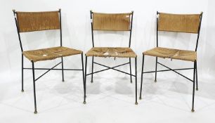 Six string-seated and backed iron-framed chairs with X-shaped stretcher to brass ball feet (6)