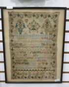 Needlework sampler, dated 1778, named for Hannah decorated the alphabet and a verse in a foliate