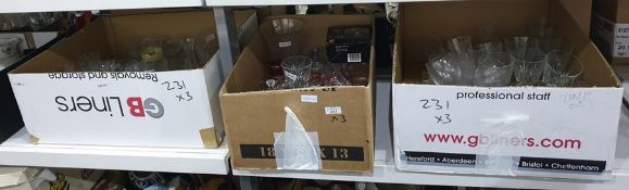 Three boxes of glassware, mainly wine glasses, some fruit bowls, vases, sherry glasses