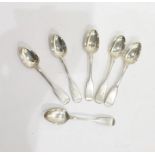 Six Victorian silver fiddle pattern teaspoons, various dates, 6oz (6)