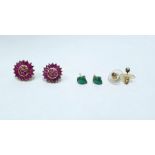 Pair gold-coloured metal and pink stone cluster earrings, the stones probably ruby, pair jade set