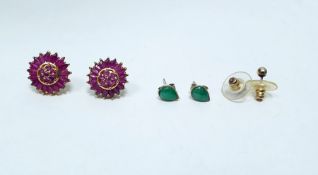 Pair gold-coloured metal and pink stone cluster earrings, the stones probably ruby, pair jade set