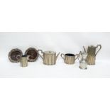 Quantity of silver plate including pair wine coasters with grape and vine borders, teapot, coffee