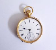 18ct gold cased, open faced gentleman's  pocket watch, enamelled dial, Roman numerals and subsidiary