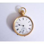 18ct gold cased, open faced gentleman's  pocket watch, enamelled dial, Roman numerals and subsidiary