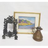 Cast iron picture frame, copper jug and cover, framed gouache 'Tropical Beach Scene' indistinctly