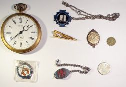 Quantity cufflinks, large pocket watch and two leather jewel boxes