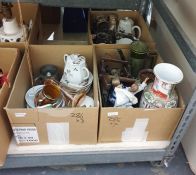 Three boxes of metalware and ceramics to include coffee pot, small wooden spirit barrel, figure of