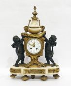 French mantel clock with bronze cherub holding swags, in gilt bronze and alabaster, Arabic