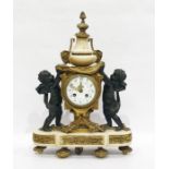 French mantel clock with bronze cherub holding swags, in gilt bronze and alabaster, Arabic