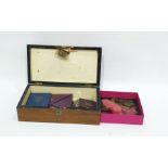 Hinged wooden box enclosing an assortment of coins, to include a Festival of Britain, 1951 George