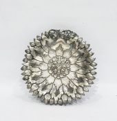 White metal flowerhead shaped dish raised on treble feet, marked 'SK800', 8oz approx, 23cm