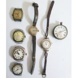 Six old pocket wrist watches with enamelled dials, together with a silver cased, open face pocket