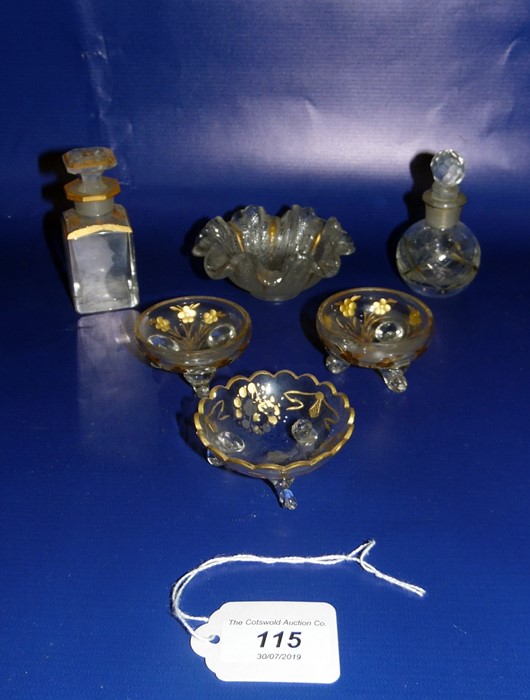 Gilt and clear scent bottle, square with panelled stopper, a pair of gilt and clear salts, circular,