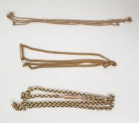 Two 9ct gold belcher link chain necklaces, 13.5g total approx and another gilt metal necklace