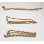 Two 9ct gold belcher link chain necklaces, 13.5g total approx and another gilt metal necklace