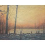 Derek Hare Oil on canvas "View from the Outer Lodge", sunset over woodland water, signed and dated
