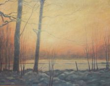 Derek Hare Oil on canvas "View from the Outer Lodge", sunset over woodland water, signed and dated