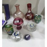 Various items of cut and coloured glassware, to include a bottle shaped vase frosted and flashed