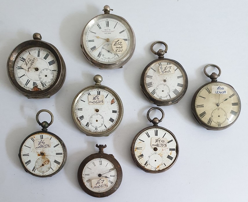 Quantity silver cased open face pocket watches, various (8)