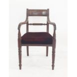 Regency mahogany carver's chair with ropetwist bar back, fluted arms, turned and reeded supports