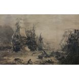 After W L Wyllie  Black and white engraving Naval battle, signed lower left, marked 'Issued August