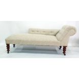 Twentieth century chaise longue, cream upholstery on turned supports terminating round china
