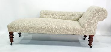 Twentieth century chaise longue, cream upholstery on turned supports terminating round china